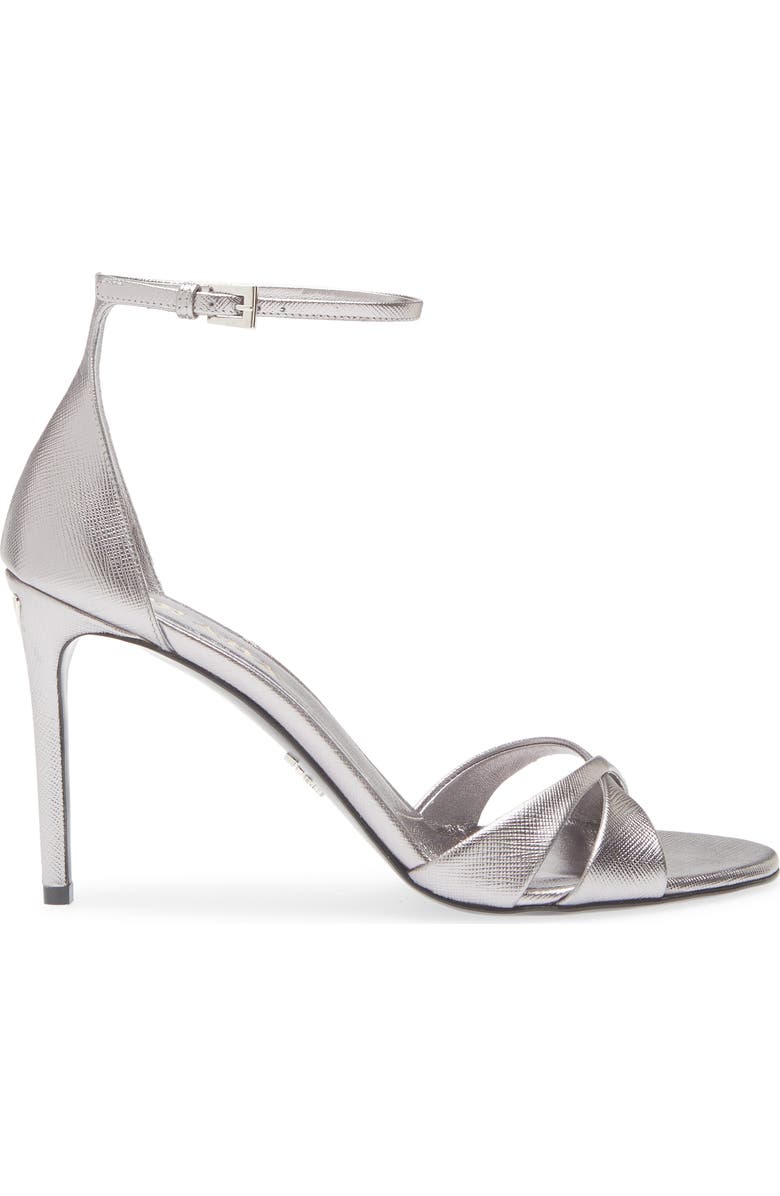 Prada Saffiano Metallic Leather Ankle Strap Sandal, Alternate, color, Cromo