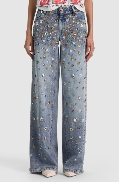 Amazing Crystal Embellished Low Rise Baggy Jeans