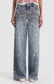 ALICE + OLIVIA Amazing Crystal Embellished Low Rise Baggy Jeans