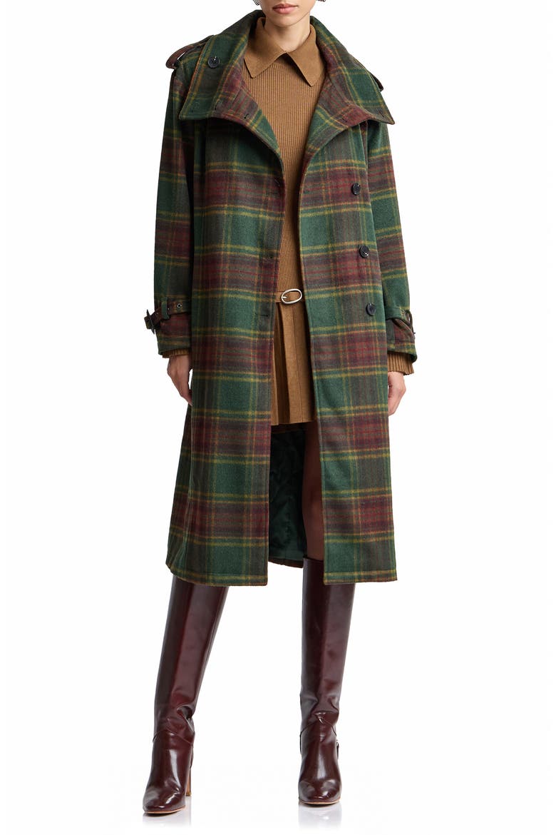 Plaid Funnel Neck Slouchy Trench Coat, Main, color, FOLIAGE PLAID