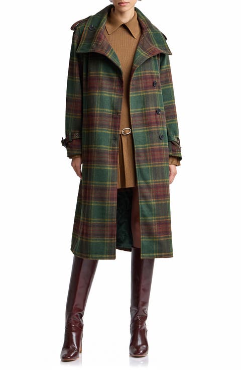 Plaid Funnel Neck Slouchy Trench Coat