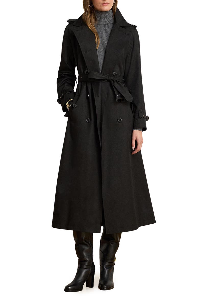 Double Breasted Belted Trench Coat, Main, color, BLACK
