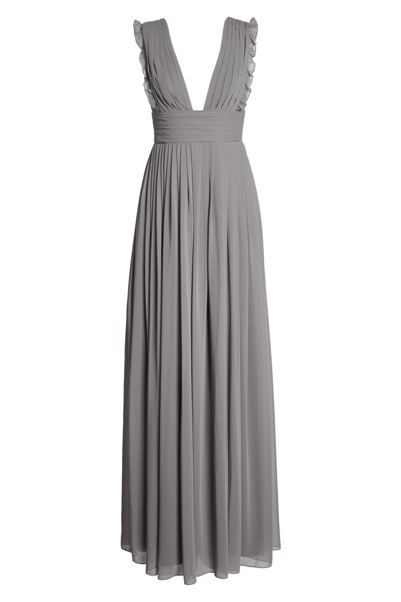 Deep V-Neck Ruffle Pleat Chiffon Gown, Alternate, color, SLATE