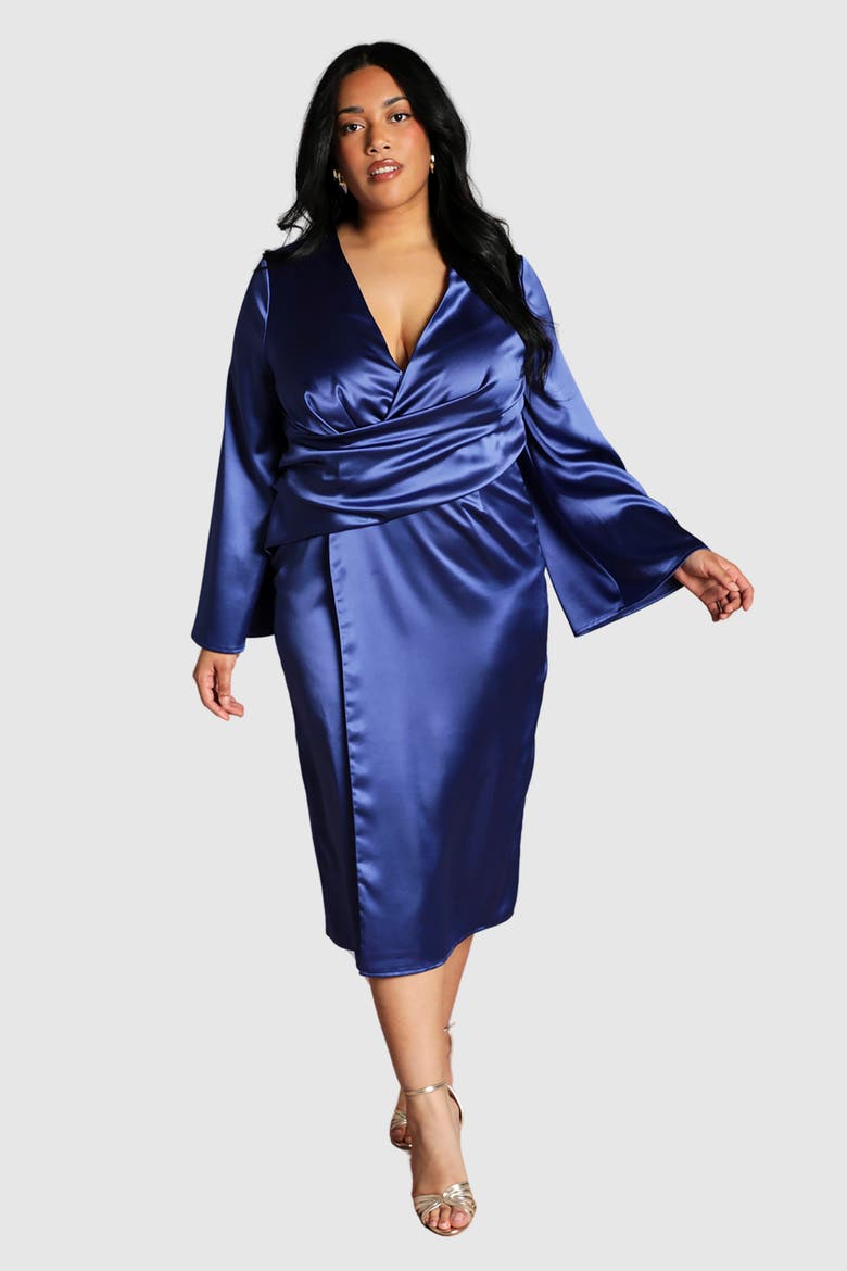 Plus Satin Flared Sleeve Wrap Dress, Main, color, Cobalt