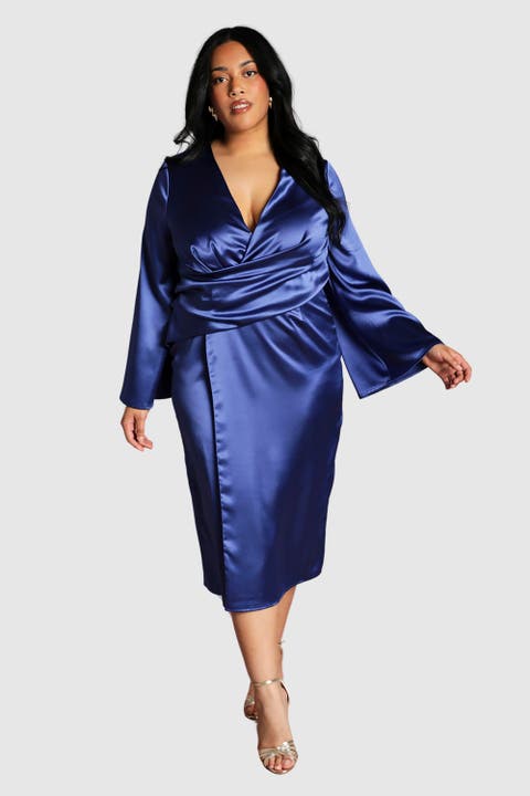 Plus Satin Flared Sleeve Wrap Dress