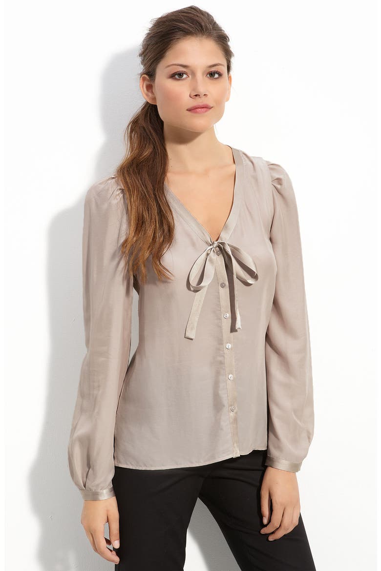 Satin Trim Tie Neck Blouse, Main, color, BEIGE STRING