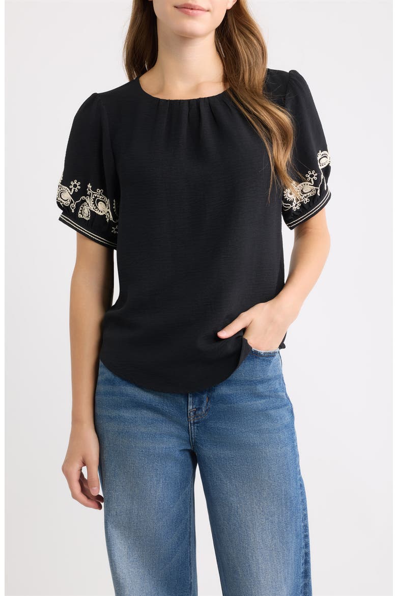 Embroidered Sleeve Peasant Top, Main, color, BLACK/ CREAM