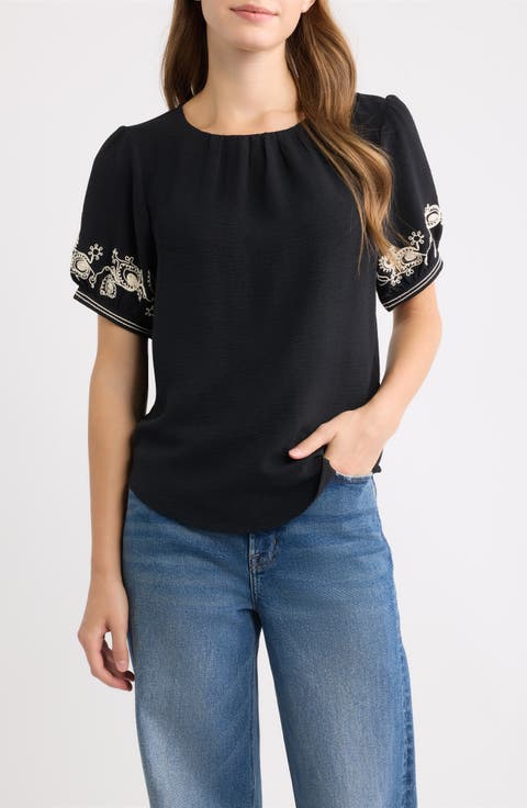Embroidered Sleeve Peasant Top