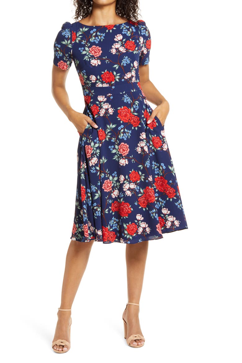Floral Crepe A-Line Dress, Main, color, NAVY RED