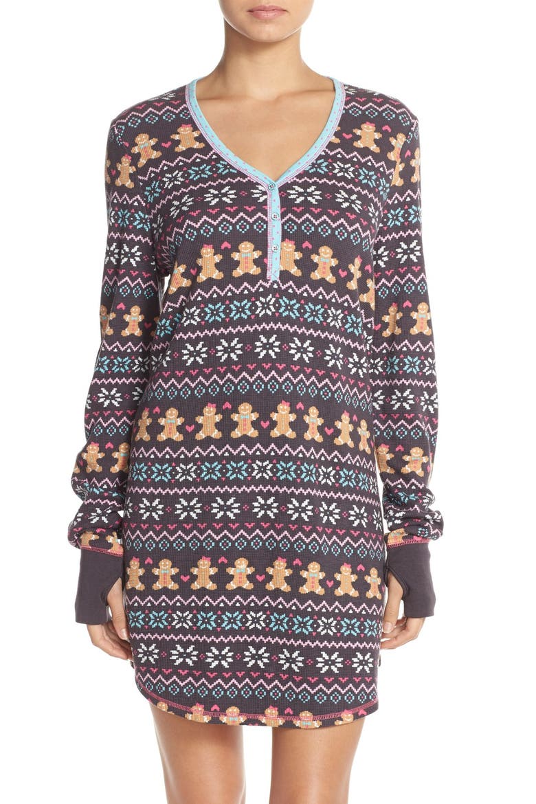 Thermal Knit Sleep Shirt, Main, color, CHARCOAL GINGERBREAD