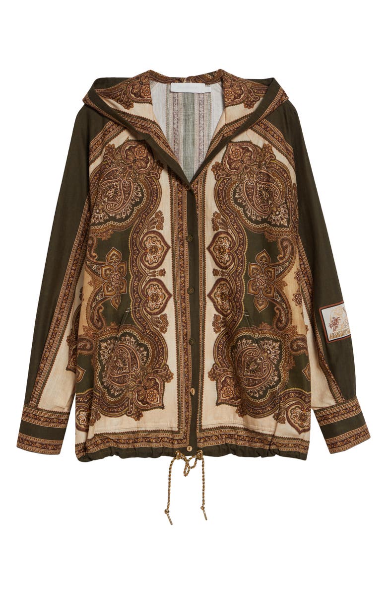 Zimmermann Mahon Paisley Print Hooded Button-Up Shirt, Main, color, Olive Paisley