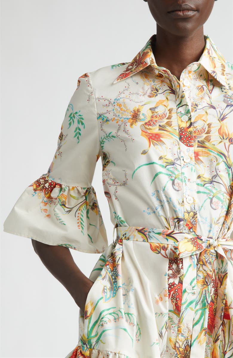 Etro Floral Print Stretch Cotton Shirtdress, Alternate, color, Print On White Base