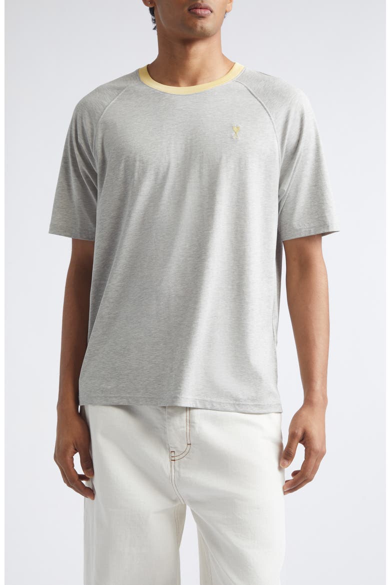 Ami de Coeur Embroidered Cotton Ringer T-Shirt, Main, color, GRIS CHINE CLAIR/ JAUNE