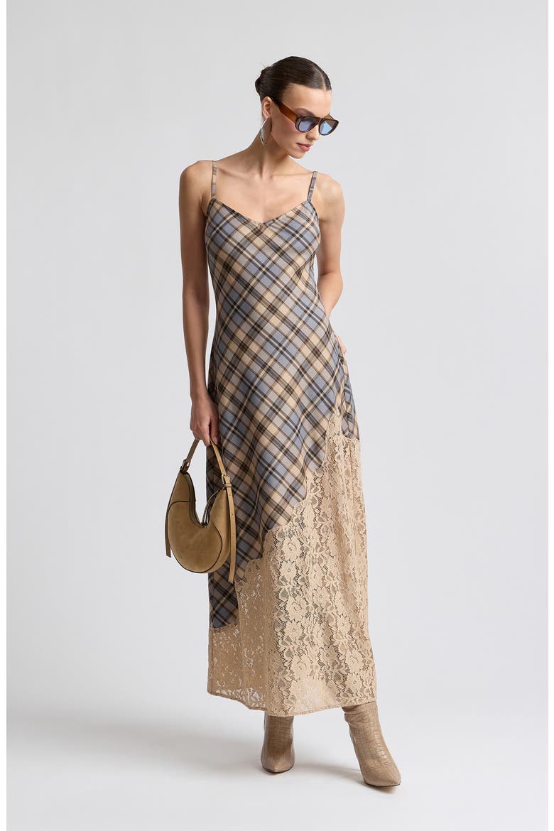 Lace Trim Bias Cut Maxi Dress, Alternate, color, LT BROWN PLAID
