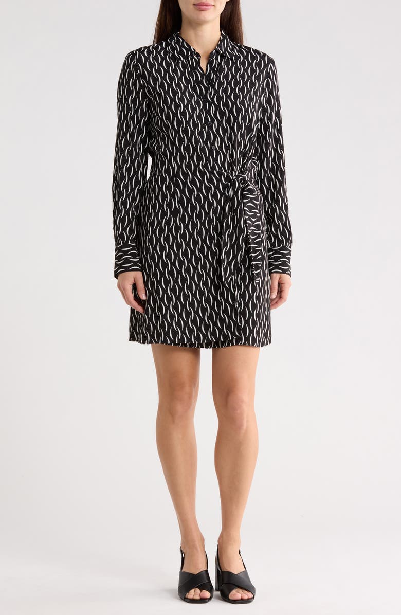 NORDSTROM RACK Long Sleeve Wrap Minidress, Main, color, Black- Ivory Moon Geo