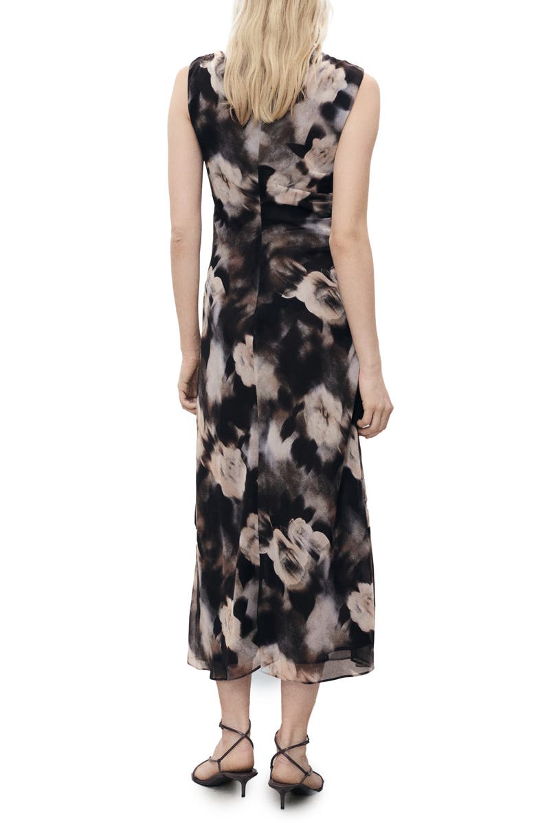 MANGO Floral Print Ruched Sleeveless Maxi Dress, Alternate, color, Brown