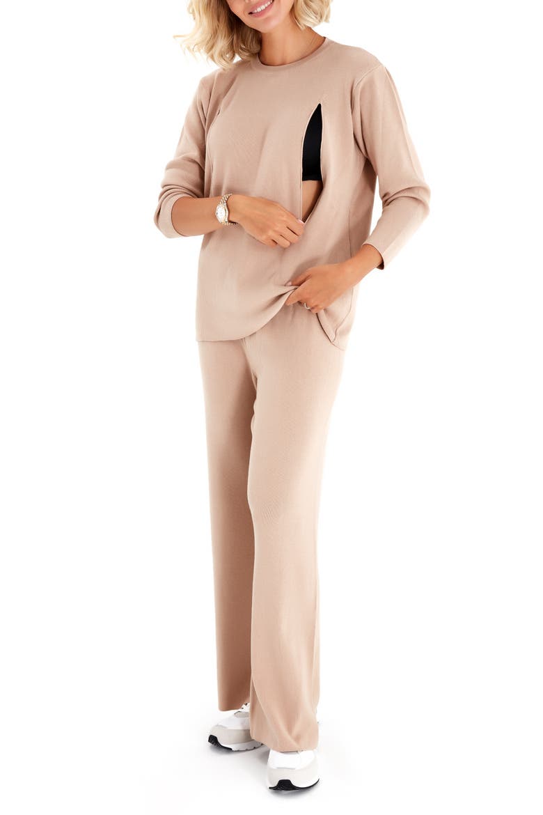 Effortless Elegance Set with Rib Side Zip Long Sleeve Top & Lounge Pants, Alternate, color, BEIGE