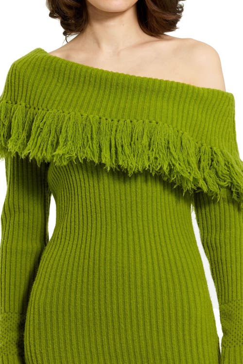 Mac Duggal Off The Shoulder Fringe Long Sleeve Knit Dress In Pear