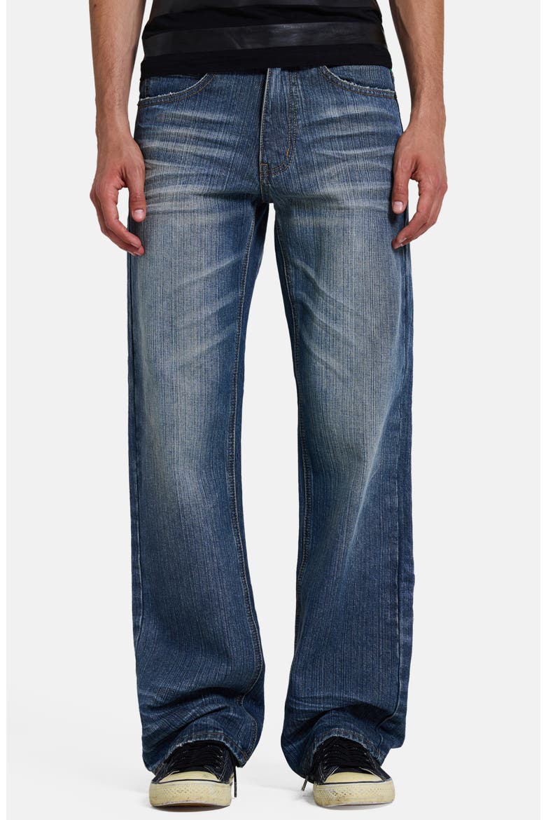 Distressed Straight Leg Jeans with Faux Leather Italy Flag Panel, Main, color, DENIM