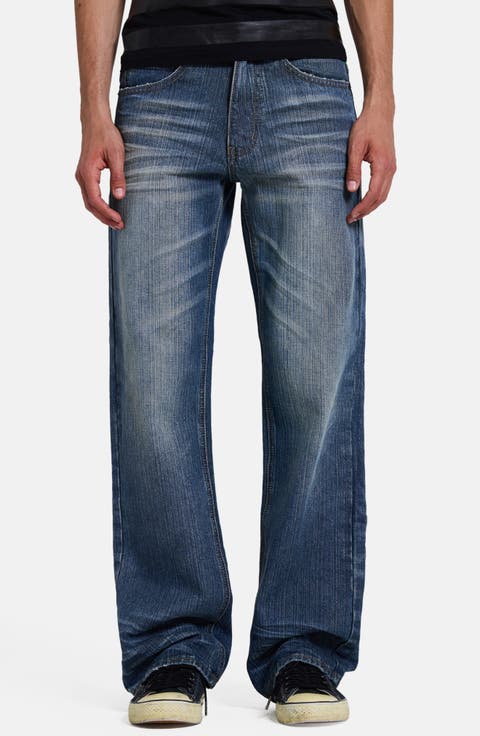 Distressed Straight Leg Jeans with Faux Leather Italy Flag Panel