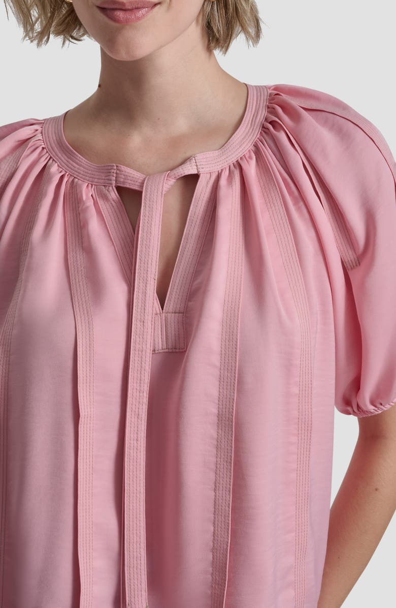 DKNY Puff Sleeve Contrast Stitch Tie Front Top, Alternate, color, Bloom Pink