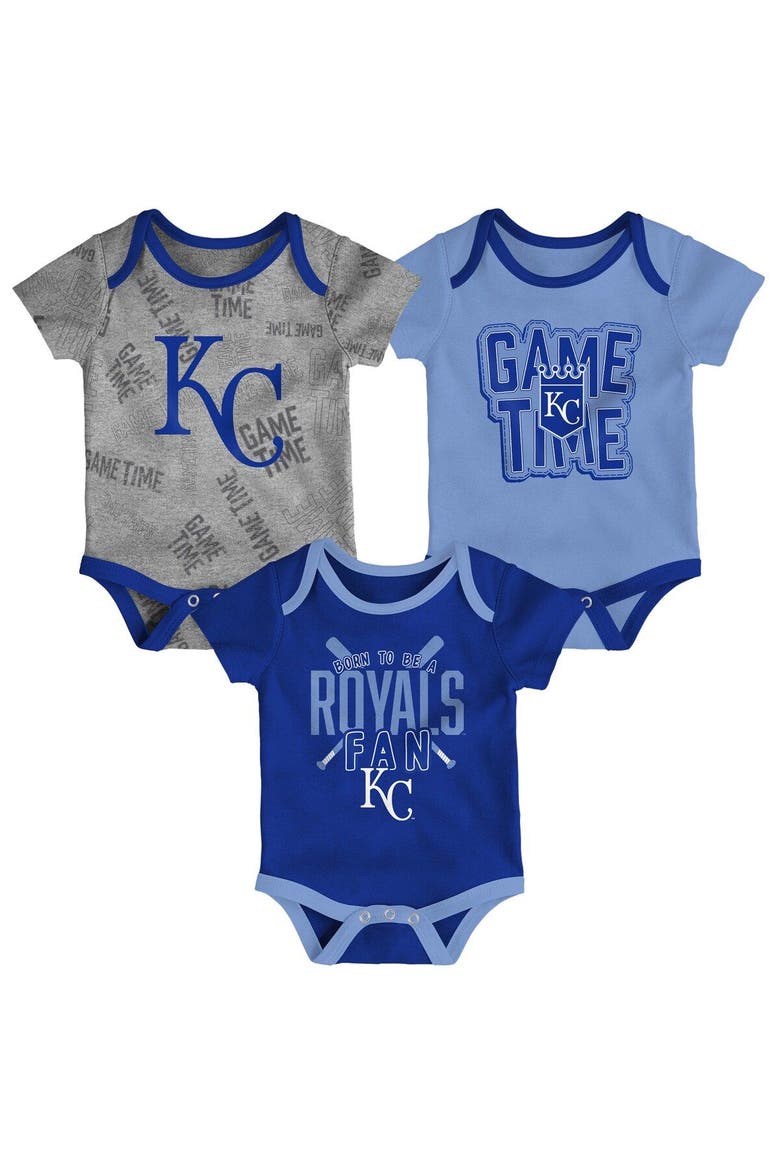Newborn & Infant Kansas City Royals Royal/Light Blue/Heathered Gray Game Time Three-Piece Bodysuit Set, Main, color, Royal