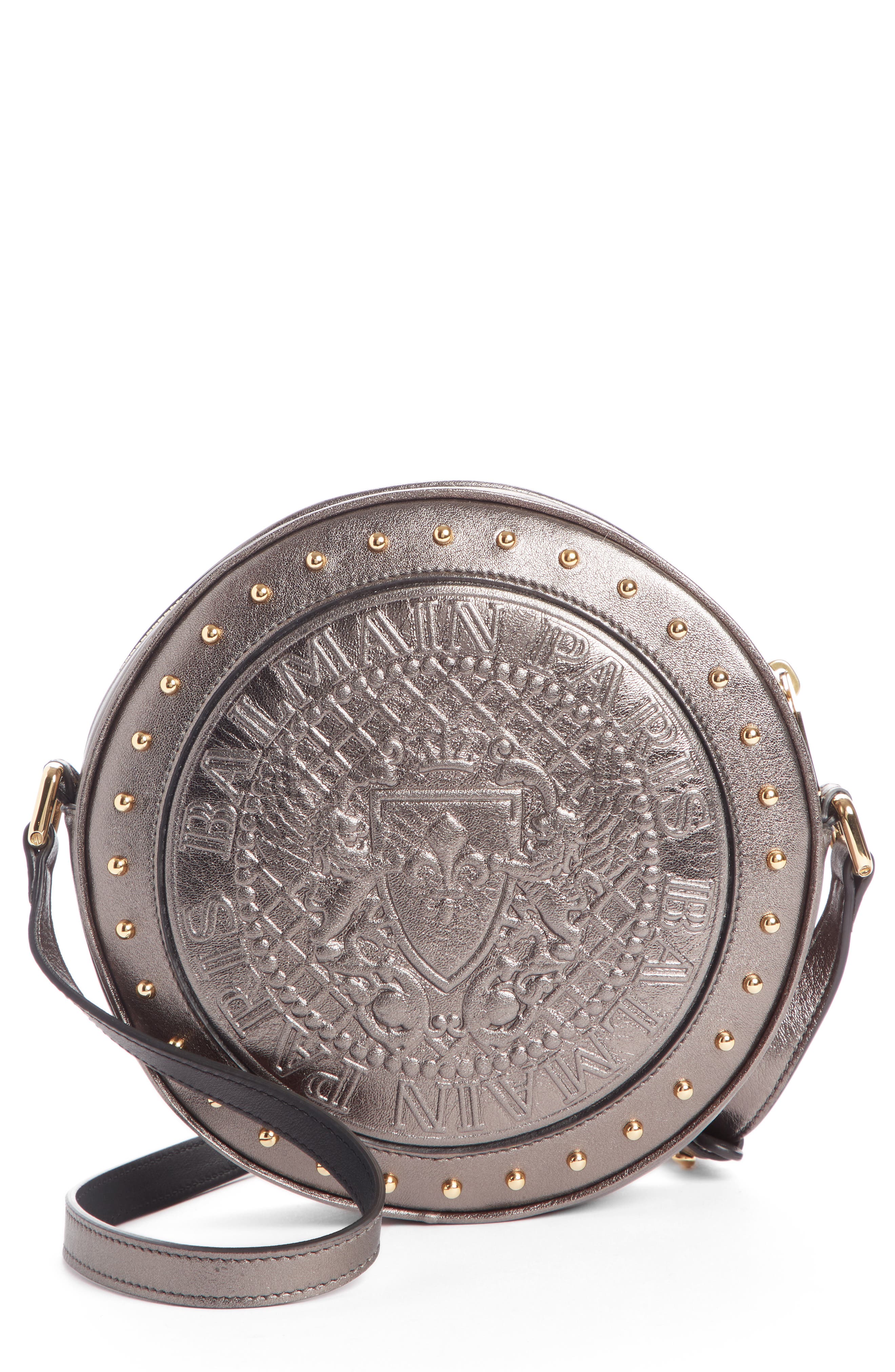 Balmain Disco Embossed Metallic Calfskin Leather Crossbody Bag, Main, color, 