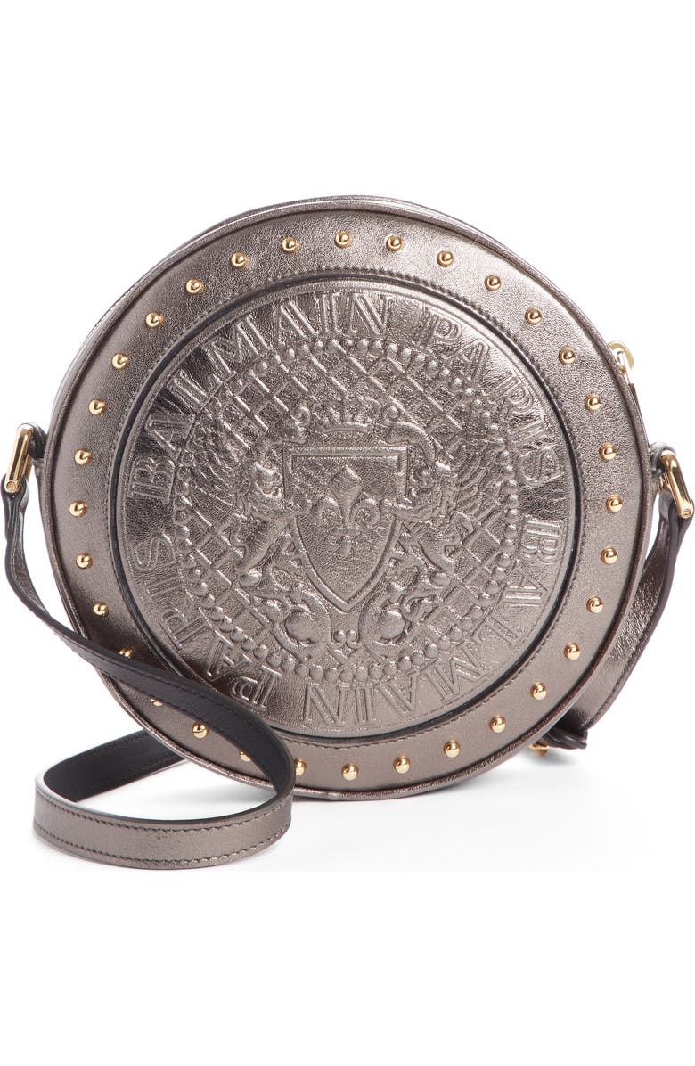 Balmain Disco Embossed Metallic Calfskin Leather Crossbody Bag, Main, color,