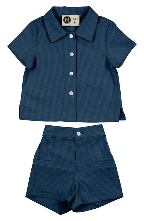 Maniere Manière Kids' Textured Grid Button-up Shirt & Shorts Set In Blue