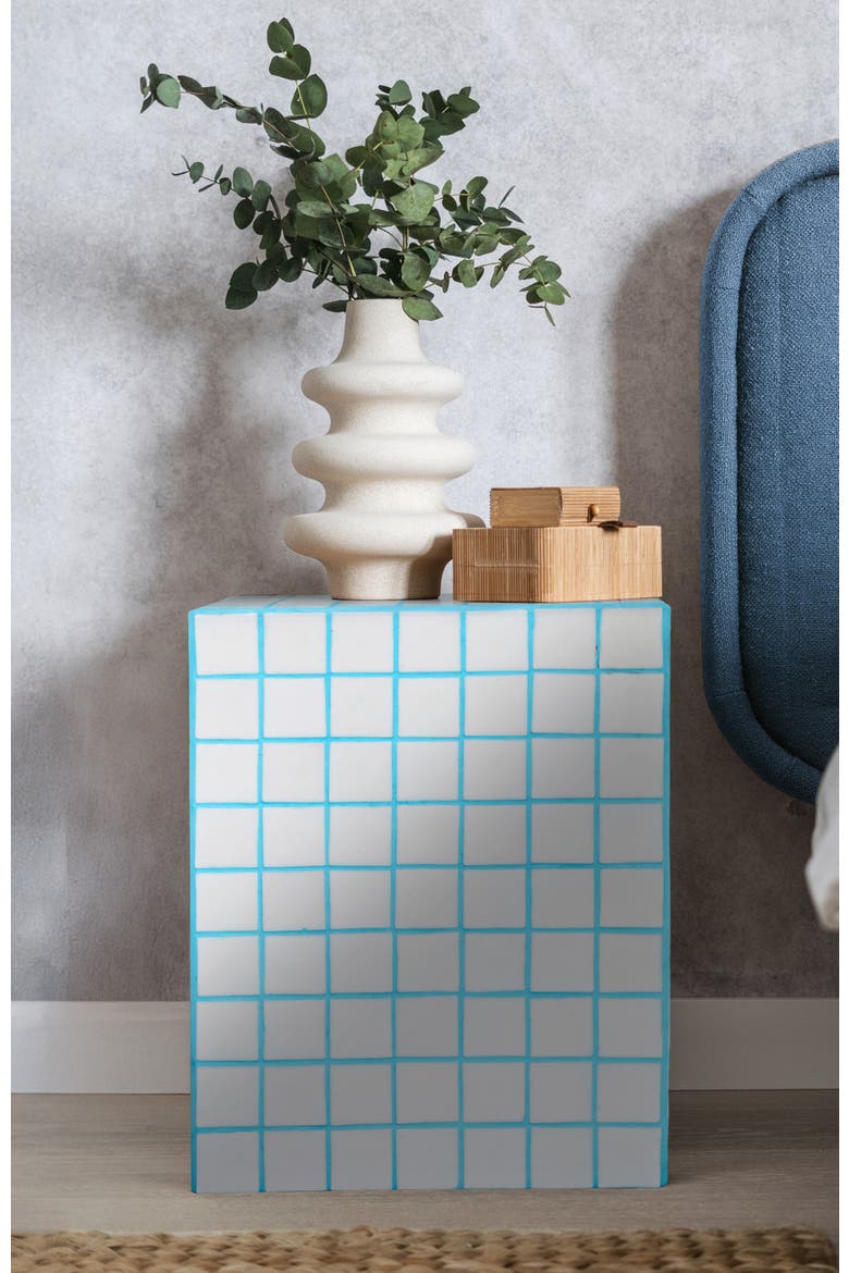 Callista Modern Ceramic Tiled Cube Side Table, Square Mosaic Pedestal Accent End Table for Living Room Bedroom, Alternate, color, Neon Blue White