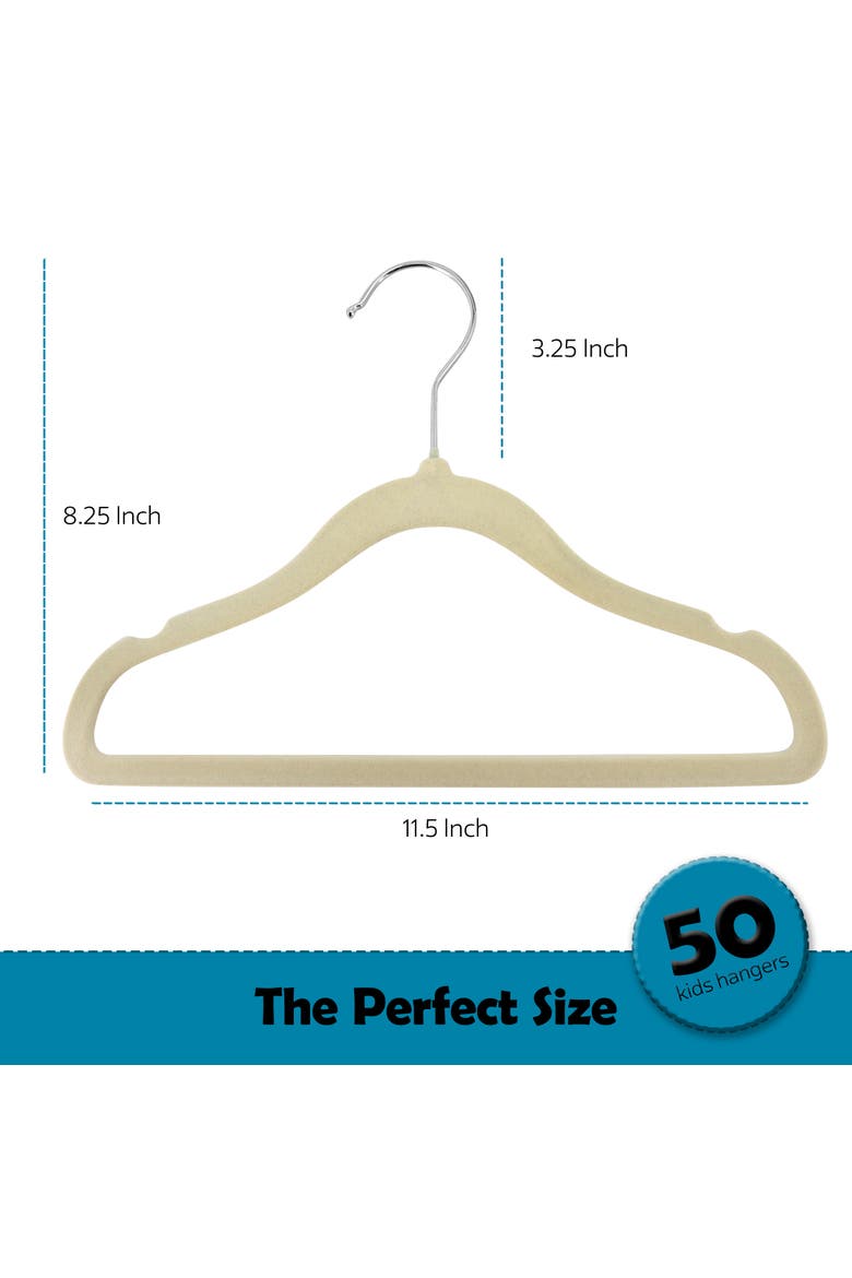 50 Piece Kids Non-Slip Velvet Cloths Hangers with Notched Shoulders, Alternate, color, Cream