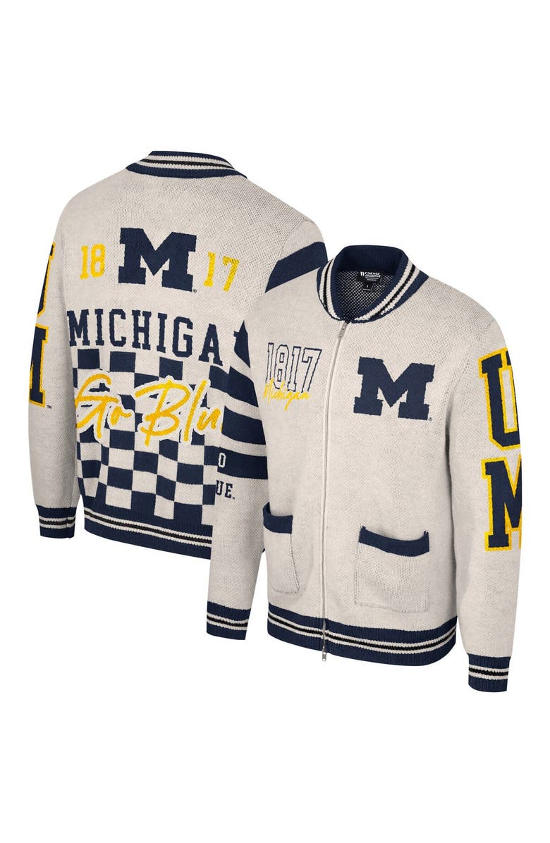 THE WILD COLLECTIVE Unisex The Wild Collective Cream Michigan Wolverines Jacquard Full-Zip Sweater, Main, color, 
