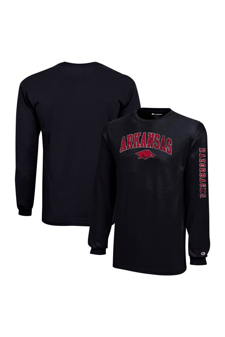 Youth Champion Black Arkansas Razorbacks Distressed Arch Over Logo Long Sleeve T-Shirt, Main, color, Black