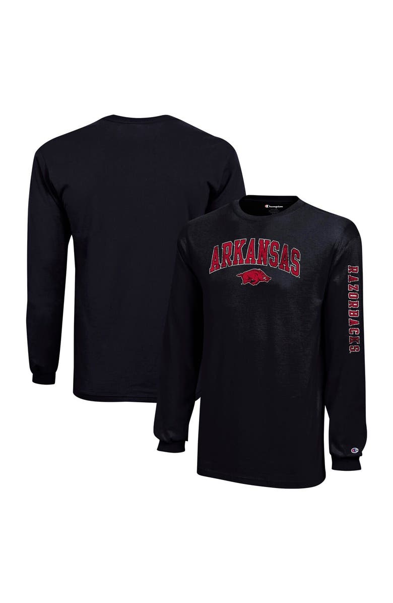 Champion Youth Champion Black Arkansas Razorbacks Distressed Arch Over Logo Long Sleeve T-Shirt, Main, color, Black
