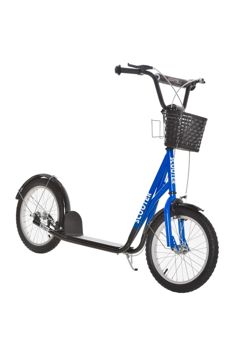 Youth Kick Scooter with Adjustable Handlebars, Double Brakes, Tires, Basket, Cupholder, Main, color, Blue