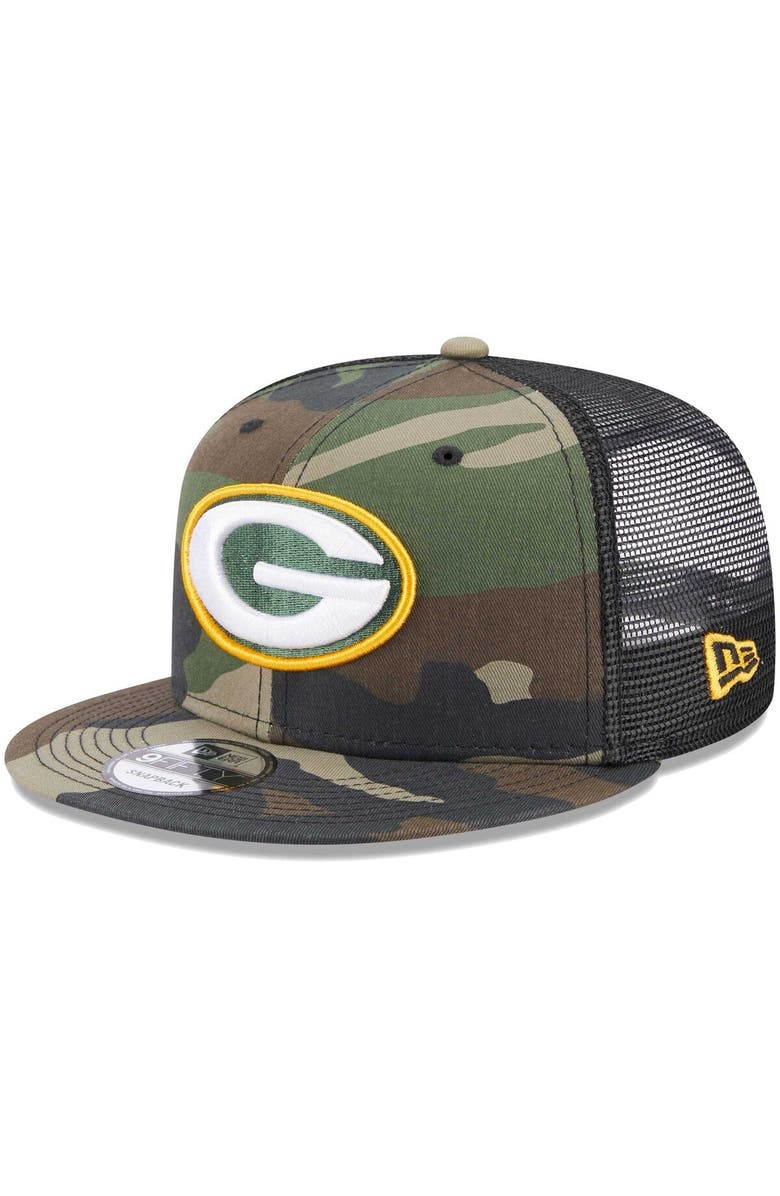 New Era Youth New Era Camo Green Bay Packers Classic Trucker 9FIFTY Snapback Hat, Main, color, 