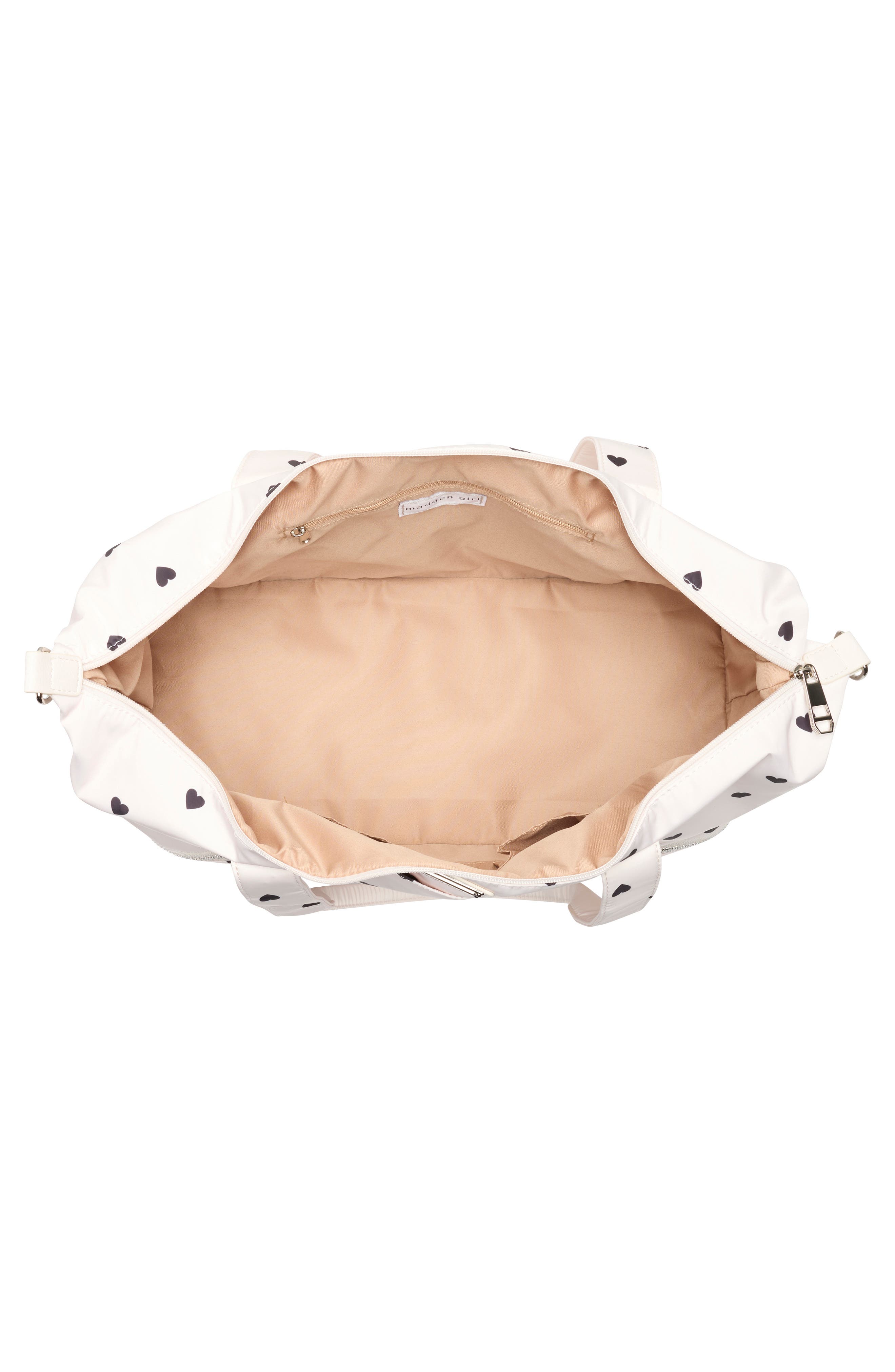 Madden Girl Nylon Weekender Bag, Alternate, color, Cream/ Black Hearts