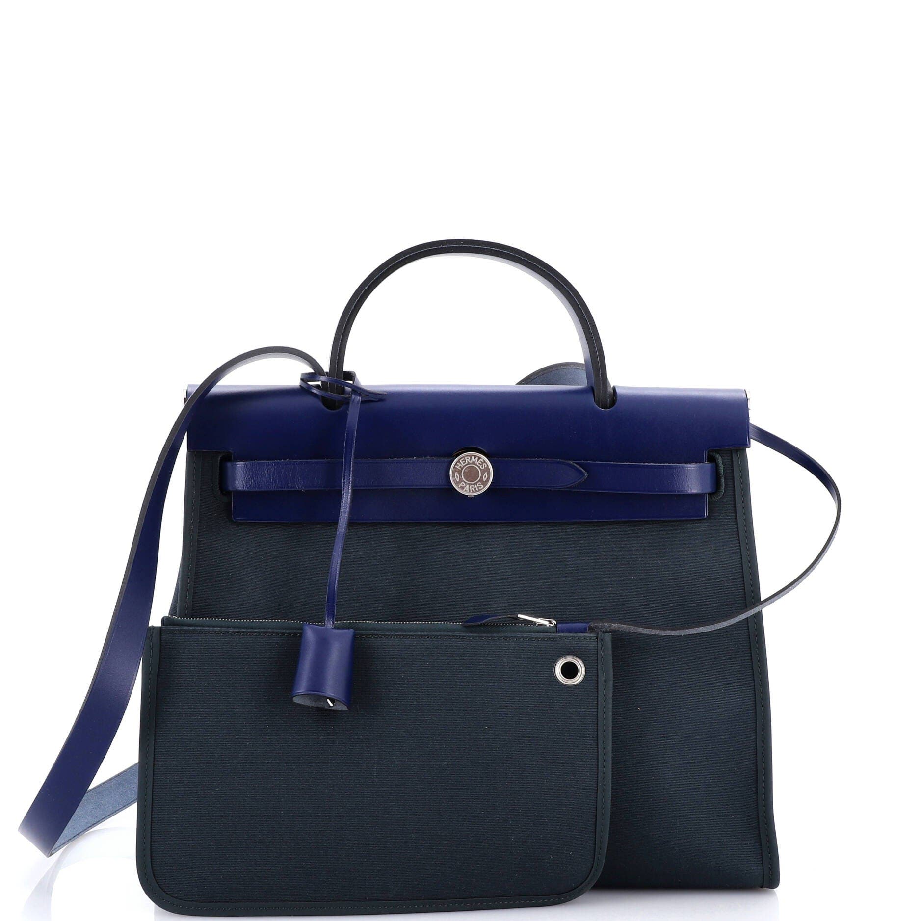 Pre-Owned Hermes Herbag Zip Leather and Toile 31, Alternate, color, Bleu Orage