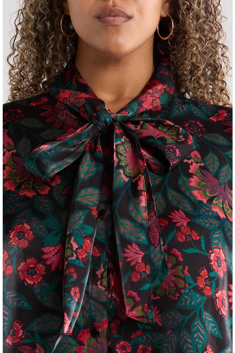 Floral Organza Tie Neck Shift Dress, Alternate, color, BLACK-TEAL-RED
