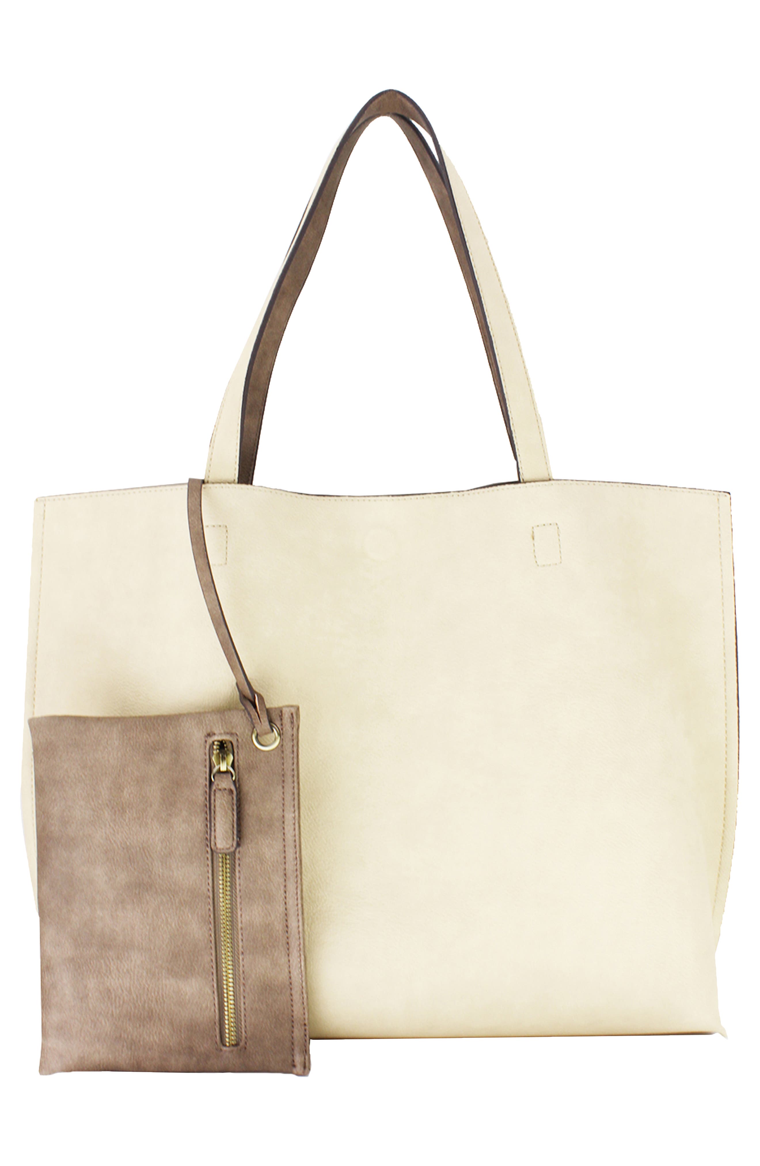 Reversible Faux Leather Tote & Wristlet, Alternate, color, IVORY/ DARK MAUVE