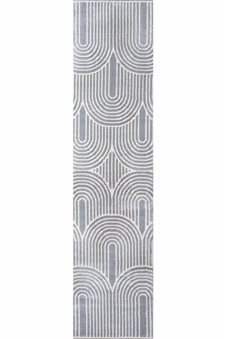 Ariana MidCentury Art Deco Striped Arches Two-Tone High-Low Area Rug, Main, color, Blue/White