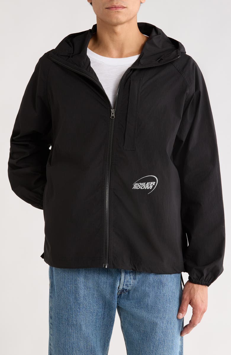 BOILER ROOM Packable Stretch Nylon Windbreaker, Alternate, color, Black