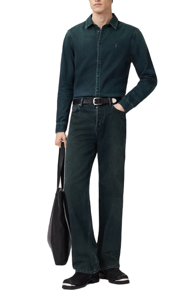 AllSaints Gleason Cotton Denim Snap-Up Shirt, Alternate, color, Phantom Blue