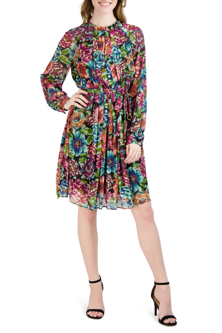 Tie Waist Long Sleeve Chiffon Dress, Main, color, MULTI