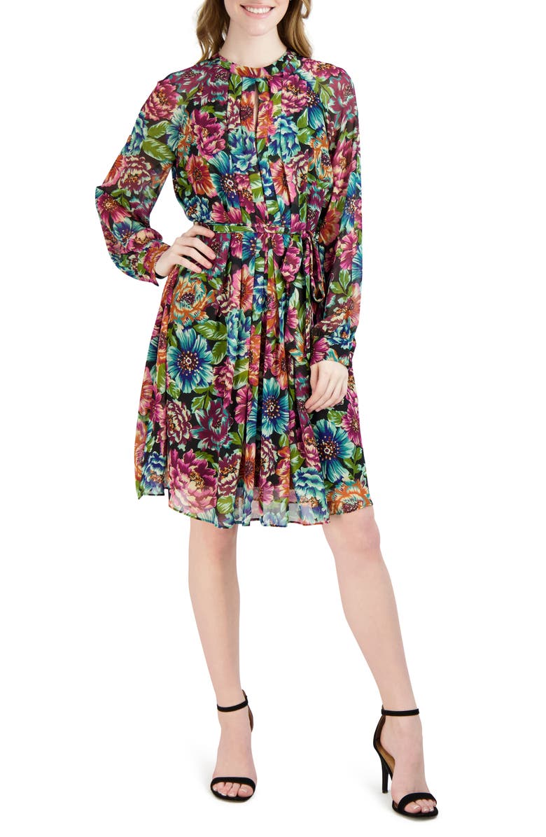 Julia Jordan Tie Waist Long Sleeve Chiffon Dress, Main, color, 