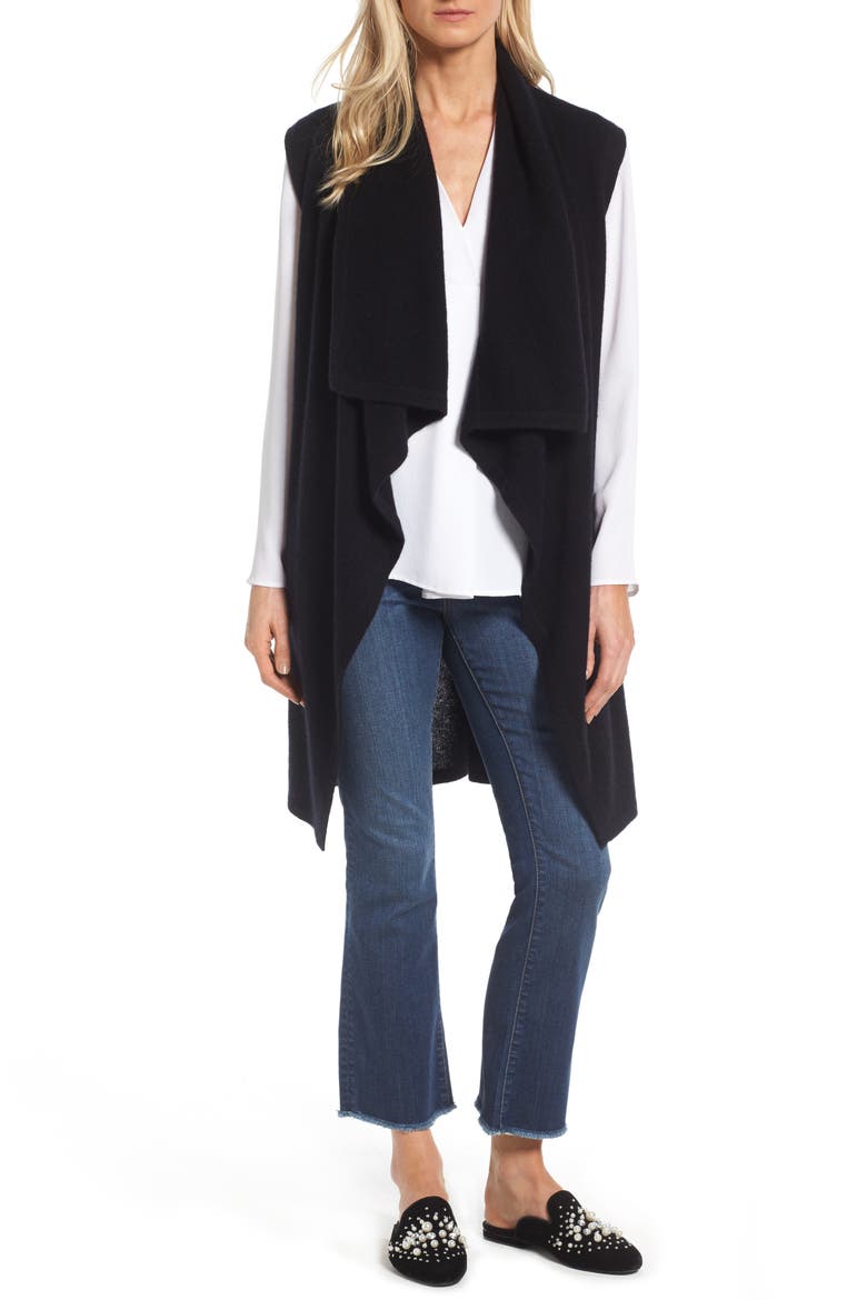 Waterfall Drape Front Cashmere Vest, Main, color, BLACK