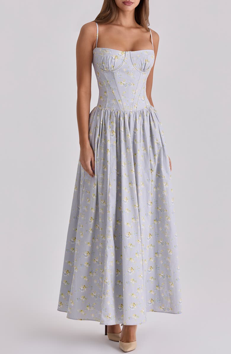 HOUSE OF CB Rona Floral Print Maxi Sundress, Main, color, Blue Floral