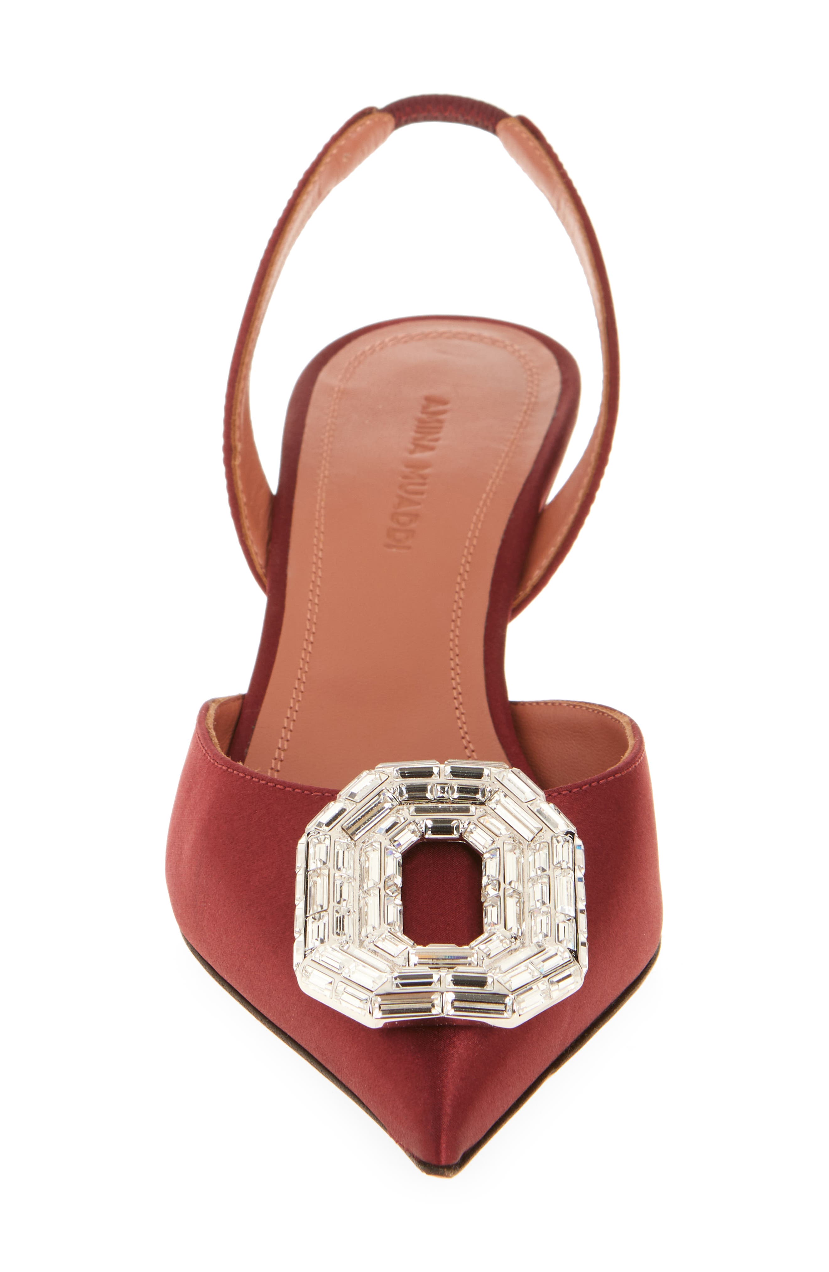 Amina Muaddi Camelia Crystal Buckle Slingback Pump, Alternate, color, Satin Wine White Buckle