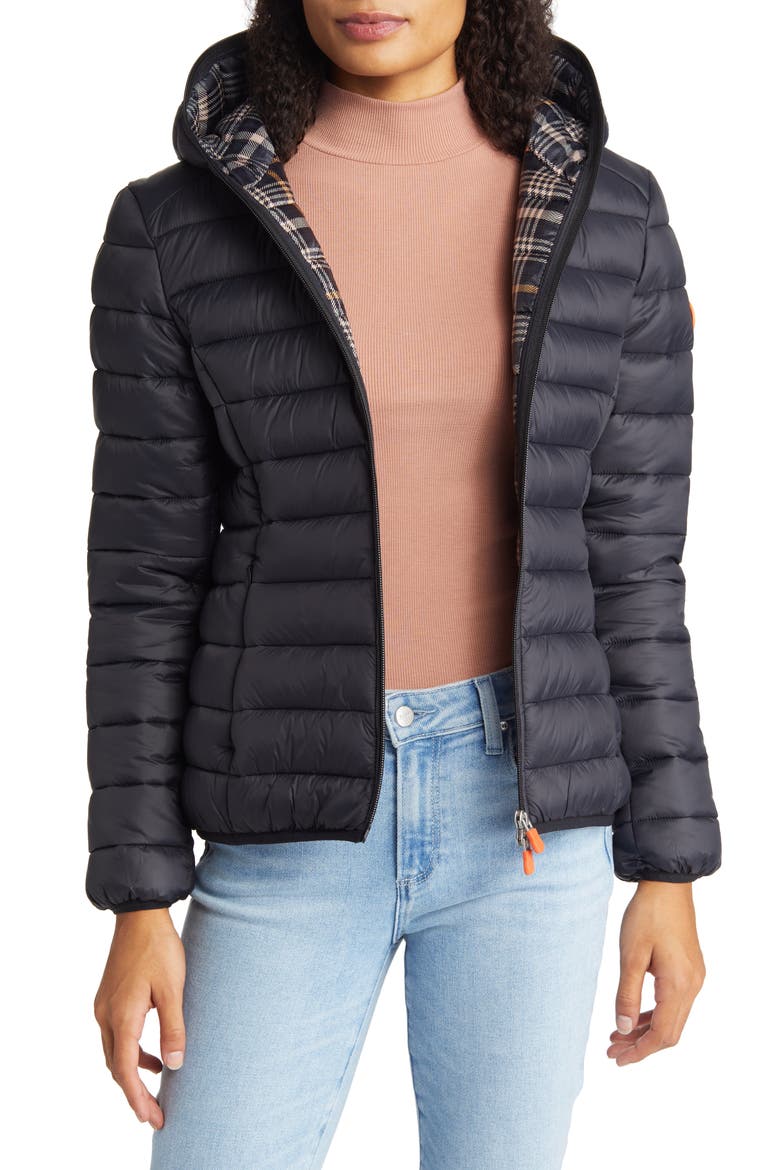 Demi Water Repellent Recycled Nylon Puffer Jacket, Main, color, BLACK MODERN TARTAN