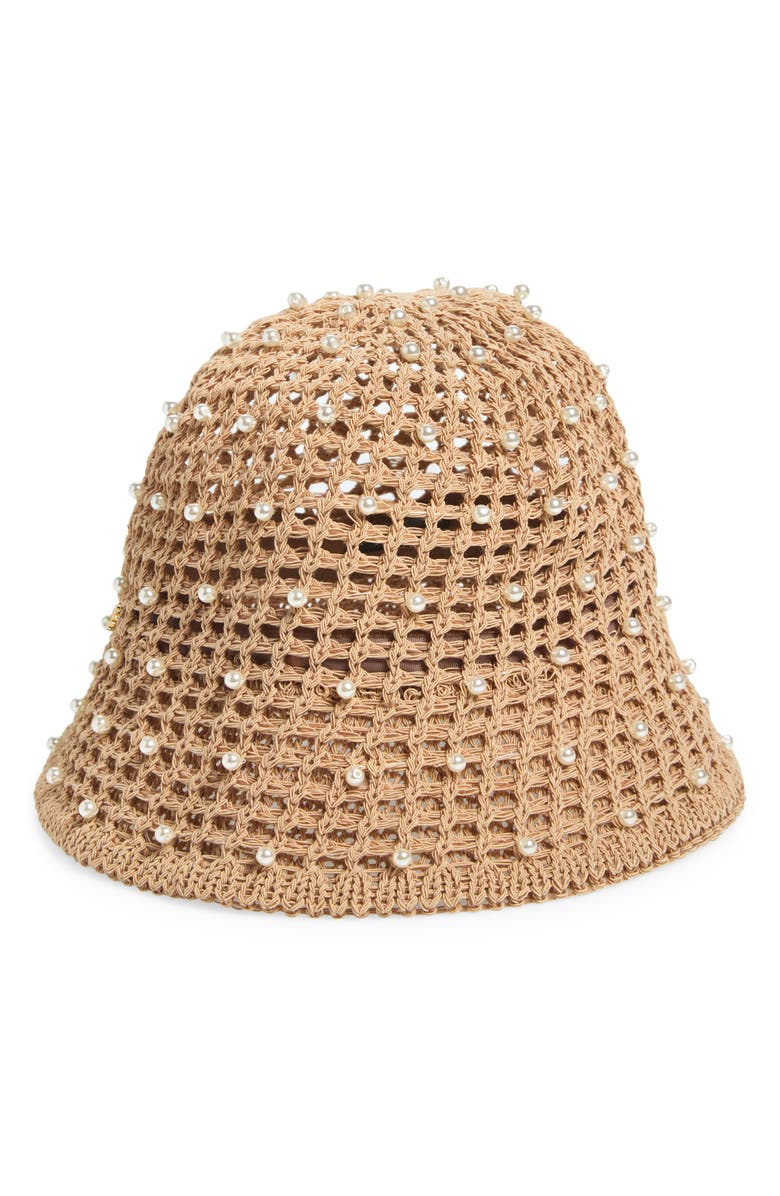 Lele Sadoughi Open Weave Straw Hat with Faux Pearls, Main, color,